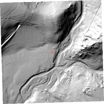 Shaded relief map of the ground around PL75HE, computed from Environment Agency LiDAR. The ground here sits at about 85 m above sea level and falls 138 m across the surrounding 800 m. Surface water reaching this point runs off ground lying to the north, 63.6 m higher.
