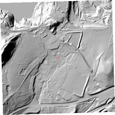 Shaded relief map of the ground around PL75JP, computed from Environment Agency LiDAR. The ground here sits at about 220 m above sea level and falls 105 m across the surrounding 800 m. Surface water reaching this point runs off ground lying to the west-north-west, 61.9 m higher.