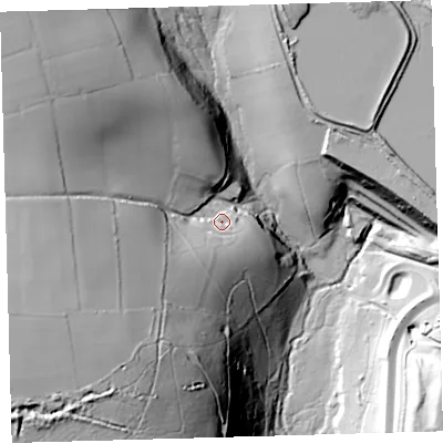 Shaded relief map of the ground around PL75JT, computed from Environment Agency LiDAR. The ground here sits at about 89 m above sea level and falls 80 m across the surrounding 800 m. Surface water reaching this point runs off ground lying to the south-west, 54.1 m higher.