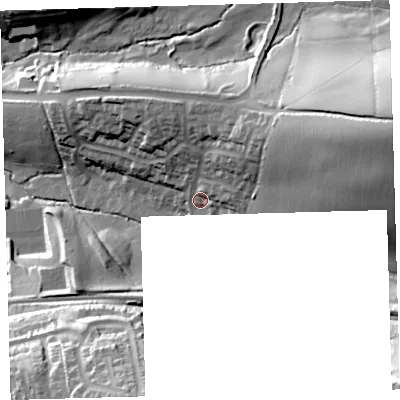 Shaded relief map of the ground around PL75LA, computed from Environment Agency LiDAR. The ground here sits at about 34 m above sea level and falls 80 m across the surrounding 800 m. Surface water reaching this point runs off ground lying to the east-north-east, 44.0 m higher.