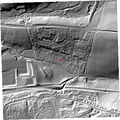 Shaded relief map of the ground around PL75LF, computed from Environment Agency LiDAR. The ground here sits at about 29 m above sea level and falls 78 m across the surrounding 800 m. Surface water reaching this point runs off ground lying to the east-north-east, 39.8 m higher.