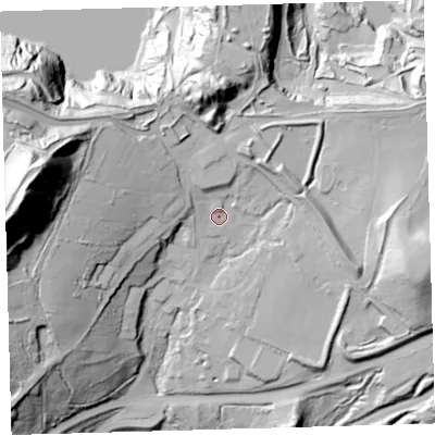 Shaded relief map of the ground around PL75LG, computed from Environment Agency LiDAR. The ground here sits at about 221 m above sea level and falls 102 m across the surrounding 800 m. Surface water reaching this point runs off ground lying to the north-west, 4.3 m higher.