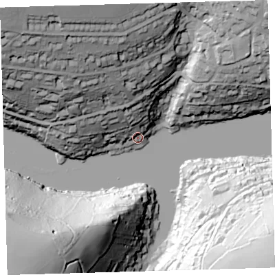 Shaded relief map of the ground around PL81AD, computed from Environment Agency LiDAR. The ground here sits at about 8 m above sea level and falls 91 m across the surrounding 800 m. Surface water reaching this point runs off ground lying to the north-north-west, 20.4 m higher.