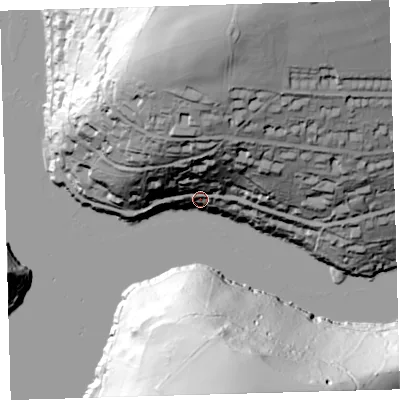 Shaded relief map of the ground around PL81BN, computed from Environment Agency LiDAR. The ground here sits at about 17 m above sea level and falls 87 m across the surrounding 800 m. Surface water reaching this point runs off ground lying to the north, 67.5 m higher.