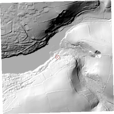Shaded relief map of the ground around PL81DX, computed from Environment Agency LiDAR. The ground here sits at about 9 m above sea level and falls 97 m across the surrounding 800 m. Surface water reaching this point runs off ground lying to the south-south-east, 73.4 m higher.
