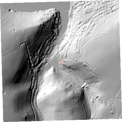 Shaded relief map of the ground around PL81EF, computed from Environment Agency LiDAR. The ground here sits at about 17 m above sea level and falls 96 m across the surrounding 800 m. Surface water reaching this point runs off ground lying to the east, 85.0 m higher.