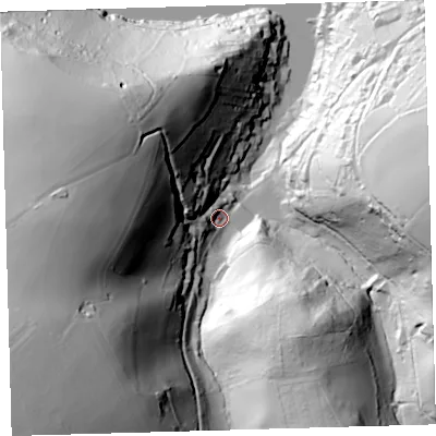 Shaded relief map of the ground around PL81EH, computed from Environment Agency LiDAR. The ground here sits at about 17 m above sea level and falls 104 m across the surrounding 800 m. Surface water reaching this point runs off ground lying to the west, 75.5 m higher.