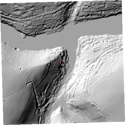 Shaded relief map of the ground around PL81EW, computed from Environment Agency LiDAR. The ground here sits at about 13 m above sea level and falls 94 m across the surrounding 800 m. Surface water reaching this point runs off ground lying to the west, 42.8 m higher.