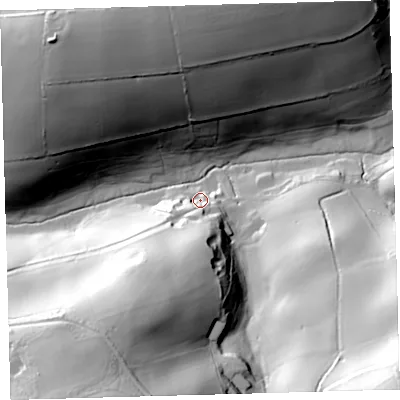 Shaded relief map of the ground around PL81HS, computed from Environment Agency LiDAR. The ground here sits at about 23 m above sea level and falls 78 m across the surrounding 800 m. Surface water reaching this point runs off ground lying to the south-south-west, 58.3 m higher.