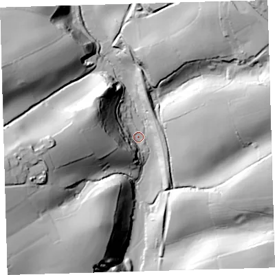 Shaded relief map of the ground around PL82BB, computed from Environment Agency LiDAR. The ground here sits at about 4 m above sea level and falls 54 m across the surrounding 800 m. Surface water reaching this point runs off ground lying to the west-north-west, 51.8 m higher.