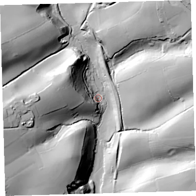 Shaded relief map of the ground around PL82BD, computed from Environment Agency LiDAR. The ground here sits at about 4 m above sea level and falls 55 m across the surrounding 800 m. Surface water reaching this point runs off ground lying to the west-north-west, 51.5 m higher.