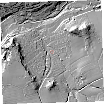 Shaded relief map of the ground around PL82DY, computed from Environment Agency LiDAR. The ground here sits at about 22 m above sea level and falls 42 m across the surrounding 800 m. Surface water reaching this point runs off ground lying to the south-east, 28.6 m higher.