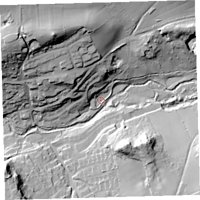 Shaded relief map of the ground around PL82EF, computed from Environment Agency LiDAR. The ground here sits at about 14 m above sea level and falls 56 m across the surrounding 800 m. Surface water reaching this point runs off ground lying to the north-west, 50.7 m higher.