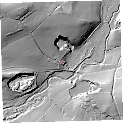 Shaded relief map of the ground around PL82EG, computed from Environment Agency LiDAR. The ground here sits at about 28 m above sea level and falls 57 m across the surrounding 800 m. Surface water reaching this point runs off ground lying to the north-west, 46.9 m higher.