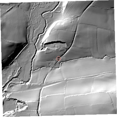 Shaded relief map of the ground around PL82EH, computed from Environment Agency LiDAR. The ground here sits at about 25 m above sea level and falls 66 m across the surrounding 800 m. Surface water reaching this point runs off ground lying to the north-north-east, 35.5 m higher.