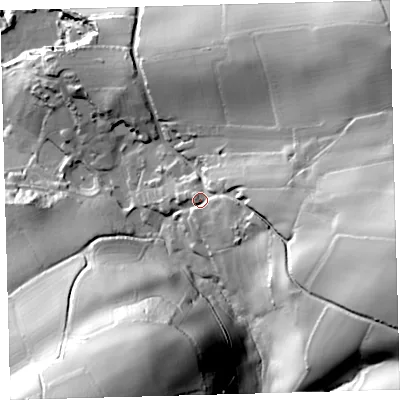 Shaded relief map of the ground around PL82EL, computed from Environment Agency LiDAR. The ground here sits at about 50 m above sea level and falls 86 m across the surrounding 800 m. Surface water reaching this point runs off ground lying to the east, 42.6 m higher.