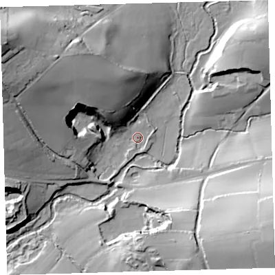 Shaded relief map of the ground around PL82EQ, computed from Environment Agency LiDAR. The ground here sits at about 21 m above sea level and falls 54 m across the surrounding 800 m. Surface water reaching this point runs off ground lying to the north-west, 50.1 m higher.