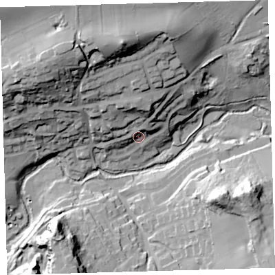 Shaded relief map of the ground around PL82JF, computed from Environment Agency LiDAR. The ground here sits at about 22 m above sea level and falls 59 m across the surrounding 800 m. Surface water reaching this point runs off ground lying to the north, 14.9 m higher.