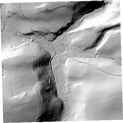 Shaded relief map of the ground around PL82LB, computed from Environment Agency LiDAR. The ground here sits at about 29 m above sea level and falls 83 m across the surrounding 800 m. Surface water reaching this point runs off ground lying to the east-south-east, 20.5 m higher.