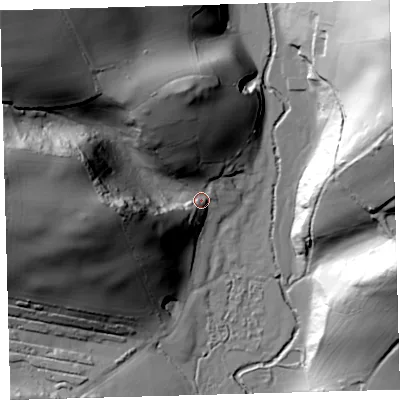 Shaded relief map of the ground around PL82LW, computed from Environment Agency LiDAR. The ground here sits at about 33 m above sea level and falls 85 m across the surrounding 800 m. Surface water reaching this point runs off ground lying to the north-west, 76.5 m higher.