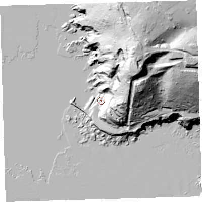 Shaded relief map of the ground around PL90AB, computed from Environment Agency LiDAR. The ground here sits at about 10 m above sea level and falls 112 m across the surrounding 800 m. Surface water reaching this point runs off ground lying to the north-east, 105.0 m higher.