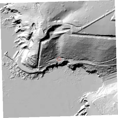 Shaded relief map of the ground around PL90AD, computed from Environment Agency LiDAR. The ground here sits at about 32 m above sea level and falls 117 m across the surrounding 800 m. Surface water reaching this point runs off ground lying to the north-east, 84.8 m higher.