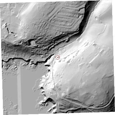 Shaded relief map of the ground around PL90BX, computed from Environment Agency LiDAR. The ground here sits at about 28 m above sea level and falls 82 m across the surrounding 800 m. Surface water reaching this point runs off ground lying to the east-south-east, 56.0 m higher.