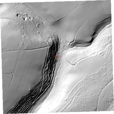 Shaded relief map of the ground around PL90DZ, computed from Environment Agency LiDAR. The ground here sits at about 31 m above sea level and falls 75 m across the surrounding 800 m. Surface water reaching this point runs off ground lying to the west, 66.0 m higher.