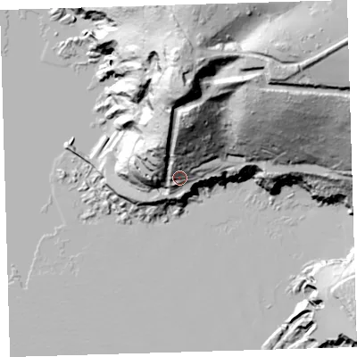 Shaded relief map of the ground around PL90FL, computed from Environment Agency LiDAR. The ground here sits at about 30 m above sea level and falls 111 m across the surrounding 800 m. Surface water reaching this point runs off ground lying to the north, 78.2 m higher.