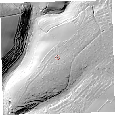 Shaded relief map of the ground around PL90HF, computed from Environment Agency LiDAR. The ground here sits at about 71 m above sea level and falls 80 m across the surrounding 800 m. Surface water reaching this point runs off ground lying to the east-south-east, 8.0 m higher.