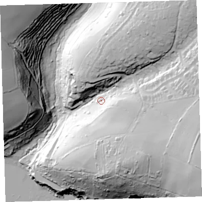 Shaded relief map of the ground around PL90HP, computed from Environment Agency LiDAR. The ground here sits at about 36 m above sea level and falls 83 m across the surrounding 800 m. Surface water reaching this point runs off ground lying to the east-south-east, 52.6 m higher.