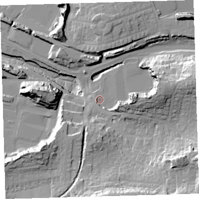 Shaded relief map of the ground around PL97BH, computed from Environment Agency LiDAR. The ground here sits at about 7 m above sea level and falls 35 m across the surrounding 800 m. Surface water reaching this point runs off ground lying to the east, 13.5 m higher.