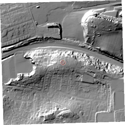 Shaded relief map of the ground around PL97EP, computed from Environment Agency LiDAR. The ground here sits at about 31 m above sea level and falls 46 m across the surrounding 800 m. Surface water reaching this point runs off ground lying to the south, 1.8 m higher.