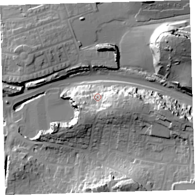 Shaded relief map of the ground around PL97ET, computed from Environment Agency LiDAR. The ground here sits at about 19 m above sea level and falls 46 m across the surrounding 800 m. Surface water reaching this point runs off ground lying to the east-south-east, 17.0 m higher.