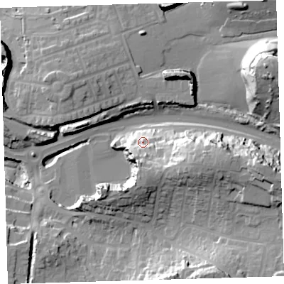 Shaded relief map of the ground around PL97EX, computed from Environment Agency LiDAR. The ground here sits at about 16 m above sea level and falls 47 m across the surrounding 800 m. Surface water reaching this point runs off ground lying to the south, 11.6 m higher.
