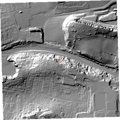 Shaded relief map of the ground around PL97EZ, computed from Environment Agency LiDAR. The ground here sits at about 20 m above sea level and falls 43 m across the surrounding 800 m. Surface water reaching this point runs off ground lying to the south-south-west, 21.7 m higher.
