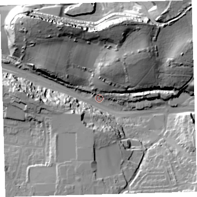 Shaded relief map of the ground around PL97HB, computed from Environment Agency LiDAR. The ground here sits at about 13 m above sea level and falls 48 m across the surrounding 800 m. Surface water reaching this point runs off ground lying to the north-east, 43.6 m higher.