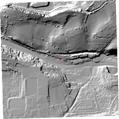 Shaded relief map of the ground around PL97HD, computed from Environment Agency LiDAR. The ground here sits at about 14 m above sea level and falls 47 m across the surrounding 800 m. Surface water reaching this point runs off ground lying to the north-east, 5.8 m higher.