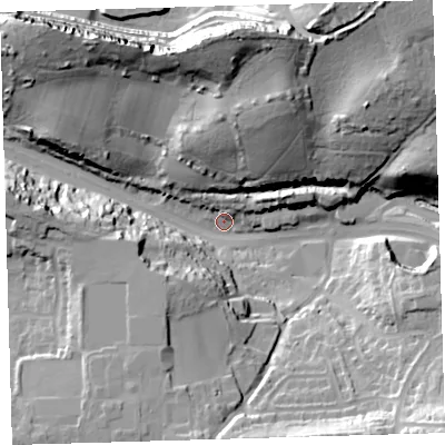 Shaded relief map of the ground around PL97HG, computed from Environment Agency LiDAR. The ground here sits at about 14 m above sea level and falls 47 m across the surrounding 800 m. Surface water reaching this point runs off ground lying to the north-east, 38.3 m higher.