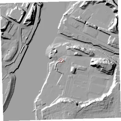 Shaded relief map of the ground around PL97HJ, computed from Environment Agency LiDAR. The ground here sits at about 4 m above sea level and falls 32 m across the surrounding 800 m. Surface water reaching this point runs off ground lying to the south-east, 9.7 m higher.