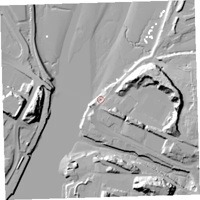 Shaded relief map of the ground around PL97JD, computed from Environment Agency LiDAR. The ground here sits at about 4 m above sea level and falls 33 m across the surrounding 800 m. Surface water reaching this point runs off ground lying to the south-east, 12.0 m higher.