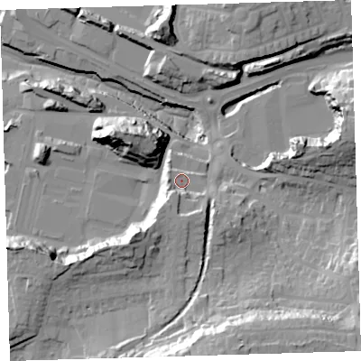 Shaded relief map of the ground around PL97JQ, computed from Environment Agency LiDAR. The ground here sits at about 13 m above sea level and falls 39 m across the surrounding 800 m. Surface water reaching this point runs off ground lying to the south-south-west, 6.6 m higher.