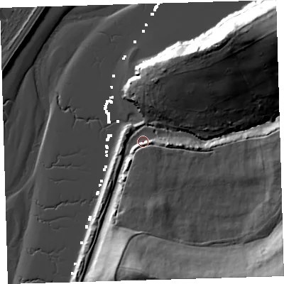 Shaded relief map of the ground around PL97JS, computed from Environment Agency LiDAR. The ground here sits at about 4 m above sea level and falls 35 m across the surrounding 800 m. Surface water reaching this point runs off ground lying to the south-south-east, 6.5 m higher.