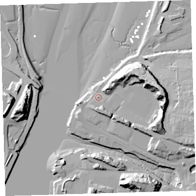 Shaded relief map of the ground around PL97JT, computed from Environment Agency LiDAR. The ground here sits at about 5 m above sea level and falls 33 m across the surrounding 800 m. Surface water reaching this point runs off ground lying to the south, 7.0 m higher.