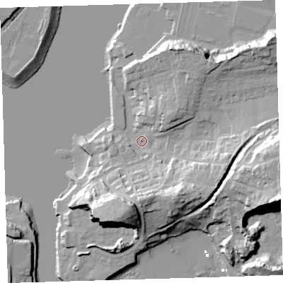 Shaded relief map of the ground around PL97LN, computed from Environment Agency LiDAR. The ground here sits at about 4 m above sea level and falls 39 m across the surrounding 800 m. Surface water reaching this point runs off ground lying to the south-east, 21.1 m higher.