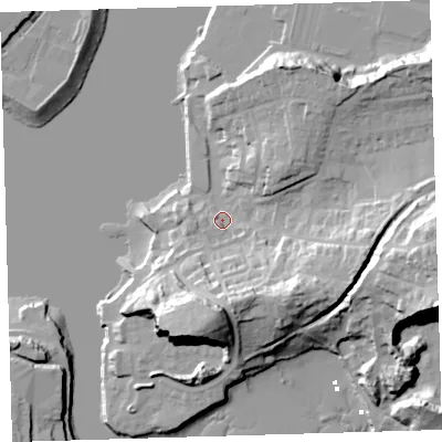 Shaded relief map of the ground around PL97LW, computed from Environment Agency LiDAR. The ground here sits at about 5 m above sea level and falls 36 m across the surrounding 800 m. Surface water reaching this point runs off ground lying to the south-east, 21.2 m higher.