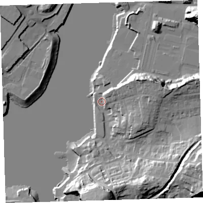 Shaded relief map of the ground around PL97NA, computed from Environment Agency LiDAR. The ground here sits at about 3 m above sea level and falls 31 m across the surrounding 800 m. Surface water reaching this point runs off ground lying to the north-east, 9.8 m higher.