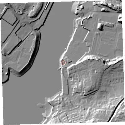 Shaded relief map of the ground around PL97NB, computed from Environment Agency LiDAR. The ground here sits at about 4 m above sea level and falls 30 m across the surrounding 800 m. Surface water reaching this point runs off ground lying to the east, 24.0 m higher.