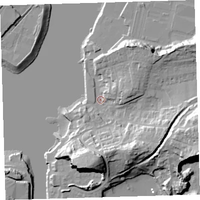 Shaded relief map of the ground around PL97NE, computed from Environment Agency LiDAR. The ground here sits at about 3 m above sea level and falls 36 m across the surrounding 800 m. Surface water reaching this point runs off ground lying to the south, 25.7 m higher.