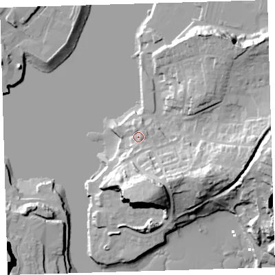 Shaded relief map of the ground around PL97NJ, computed from Environment Agency LiDAR. The ground here sits at about 6 m above sea level and falls 39 m across the surrounding 800 m. Surface water reaching this point runs off ground lying to the south-south-east, 21.5 m higher.